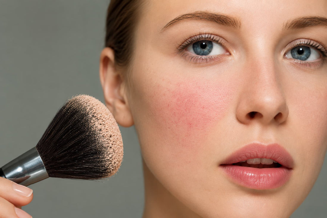 Woman applying mineral foundation to cover rosacea redness on sensitive skin.