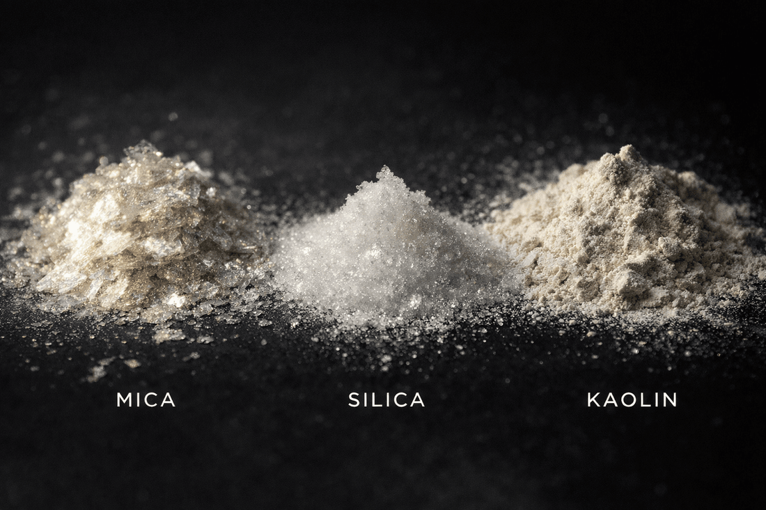 Mineral powder foundation scattered on dark surface highlighting natural beauty and texture